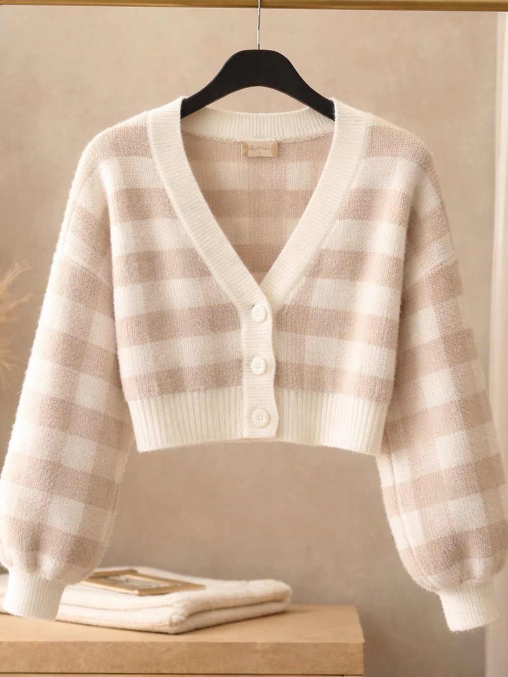 Altar'd State Cream and Beige Plaid Cropped Cardigan